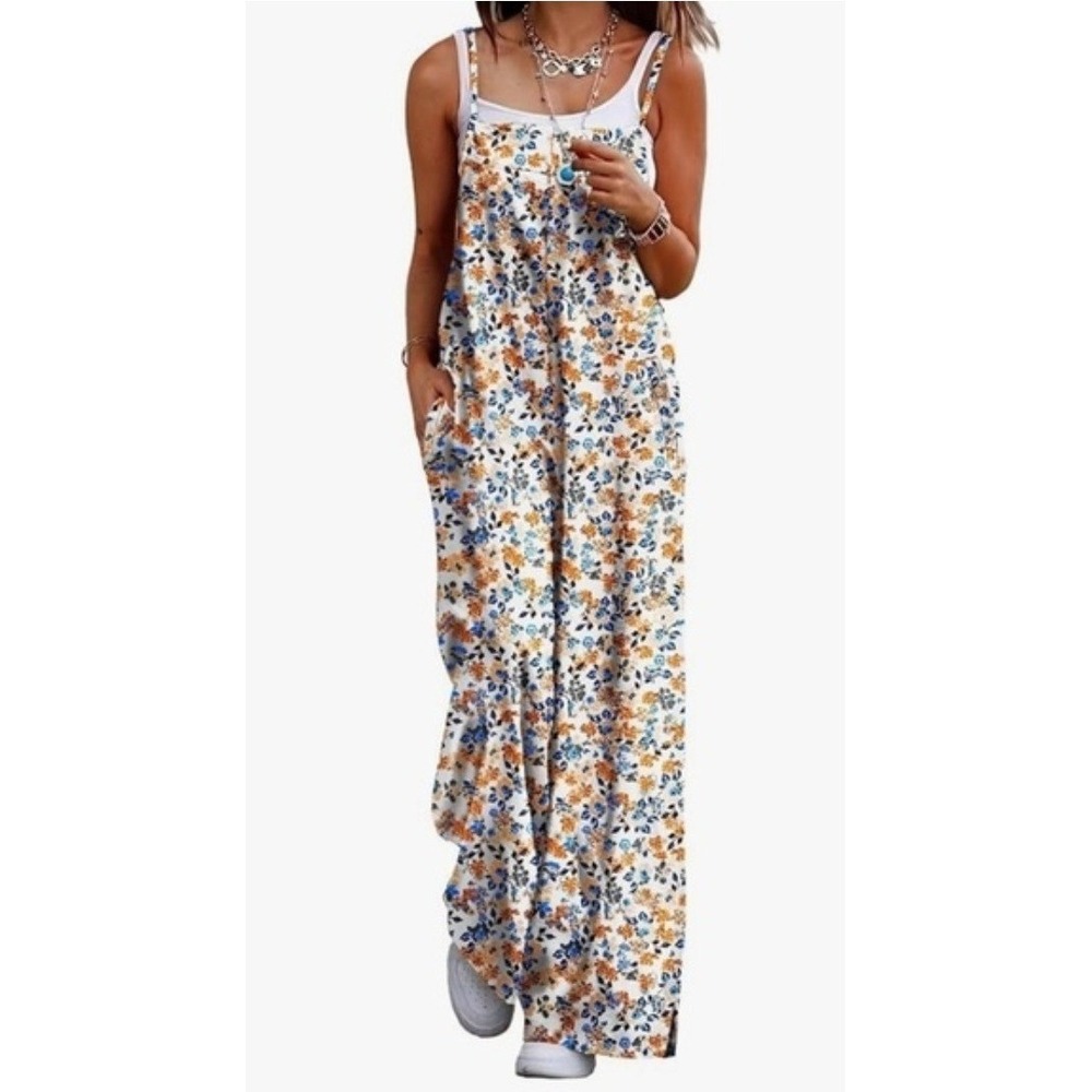 Yesno Floral Colorful Cotton Wide Leg Jumpsuit Overalls Pockets Sz 2XL NWT